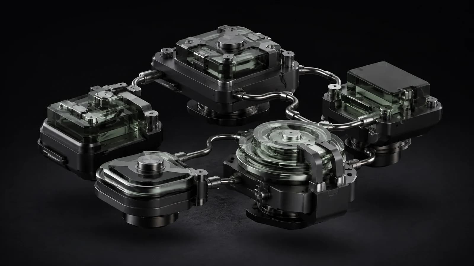 Concept artwork: five connected graphite and glass modules illustrate the gym's five operational workflows.