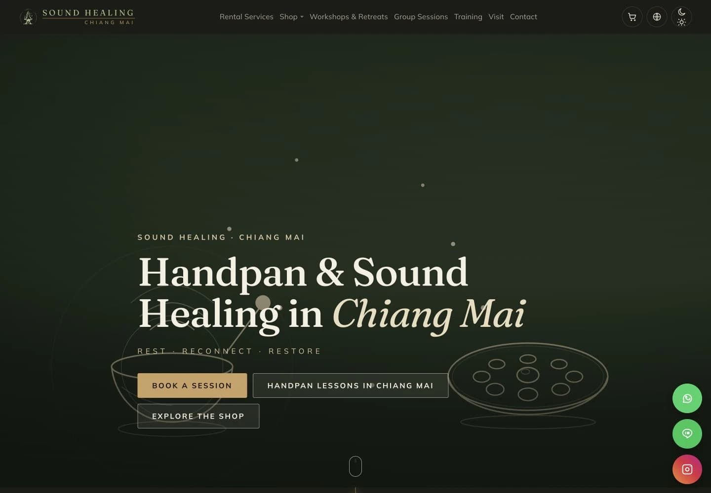 The live English homepage of Sound Healing Chiang Mai, showing its session, lessons, and shop entry points.